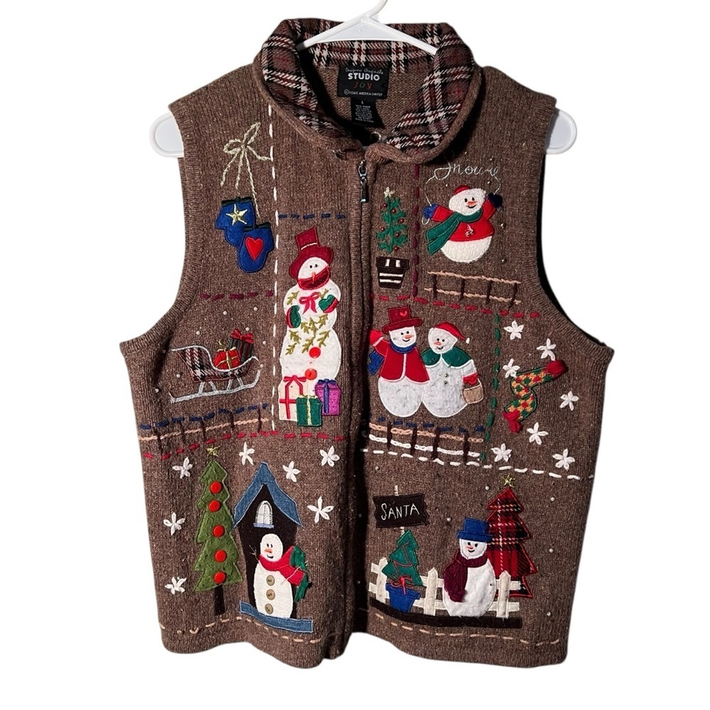 Vintage Design Originals Studio Joy Sweater Vest Brown Snowman L